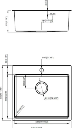 Køkkenvask sort 540 x 500 mm