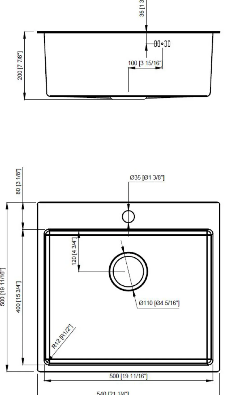 Køkkenvask sort 540 x 500 mm