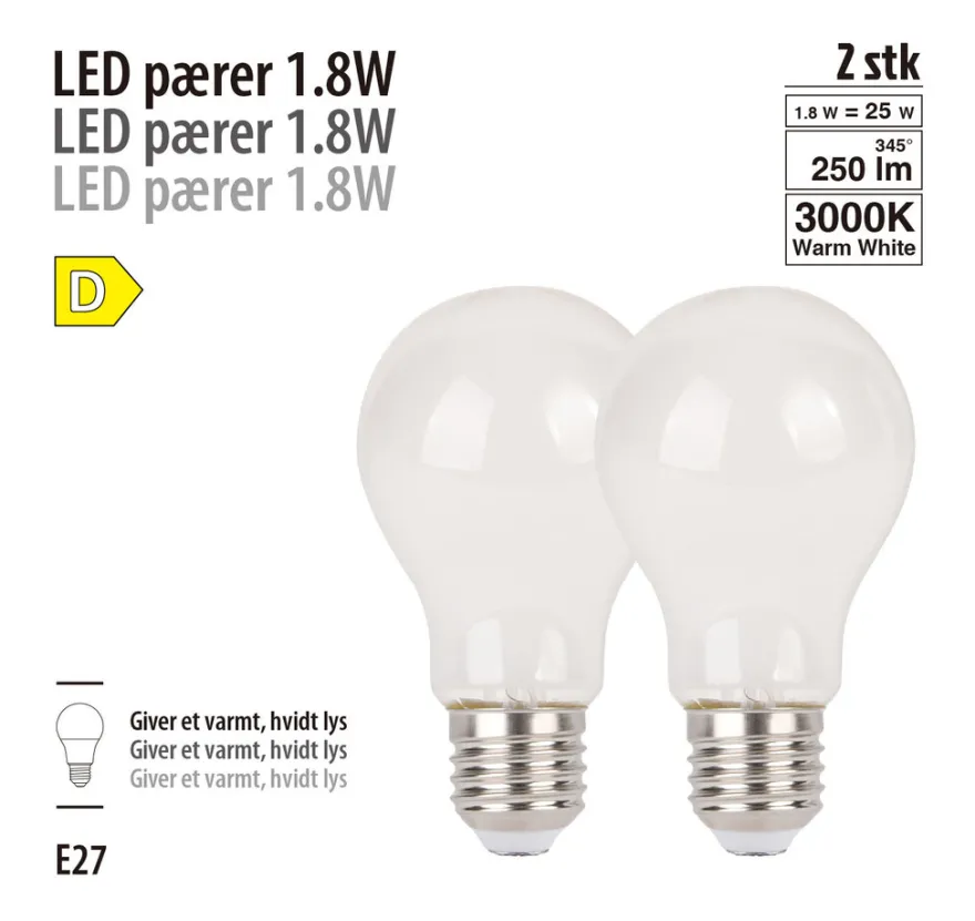 LED-filamentpære 1,8 W E27 2-pk.