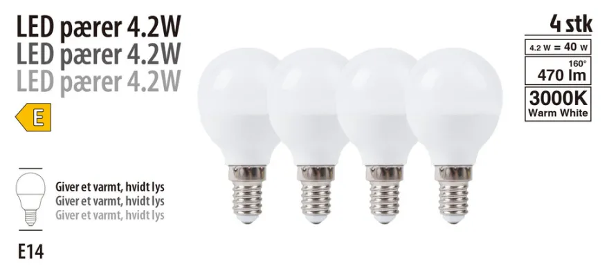 LED-pære krone 4,2 W E14 4-pk.
