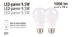 LED-pære standard 9,5 W E27 2-pk.