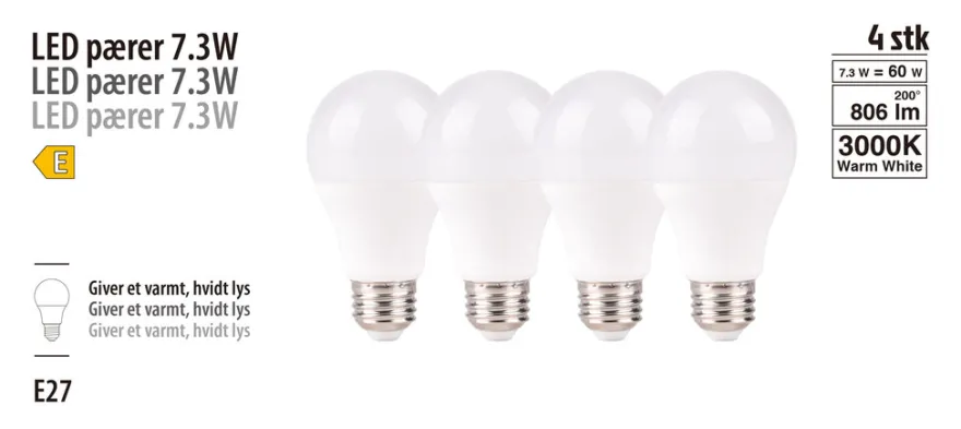 LED-pære standard 7,3 W E27 4-pk.