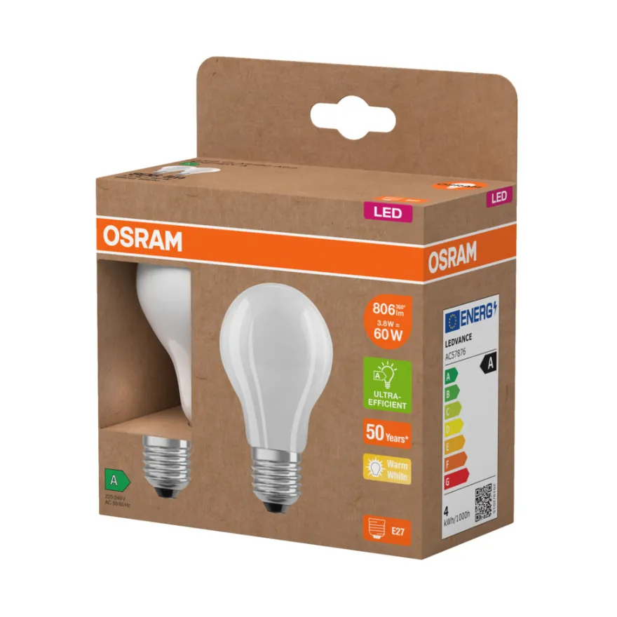 Osram LED mat standardpære E27 3,8 W 2-pk.