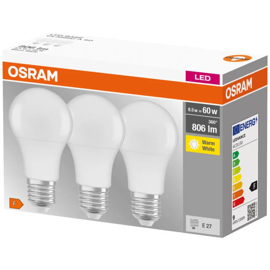 Osram LED standardpære E27 8,5 W 3-pk.