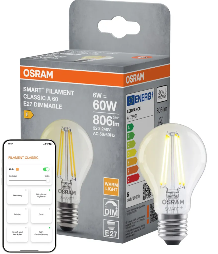 Osram SMART+ filament pære standard hvid E27 6 W