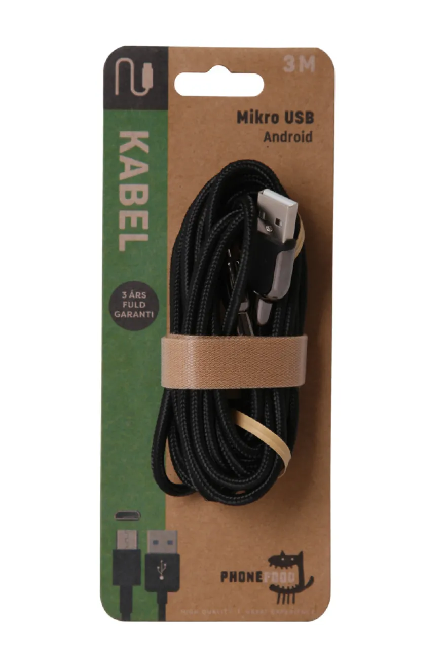 USB-A til micro USB kabel - 3 meter